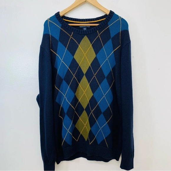 Lands End Argyle Sweater Men XXL Drifter Crew Neck Blue 100% Cotton Academia - Picture 1 of 11